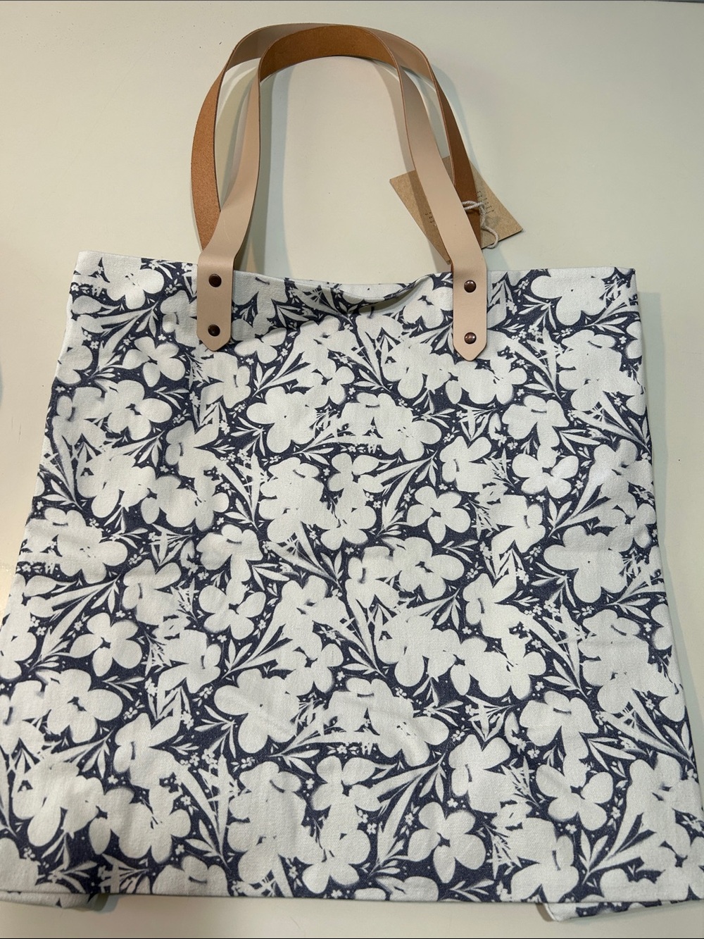 Floral Canvas Tote with Tan Leather Handles - White & Purple-ish